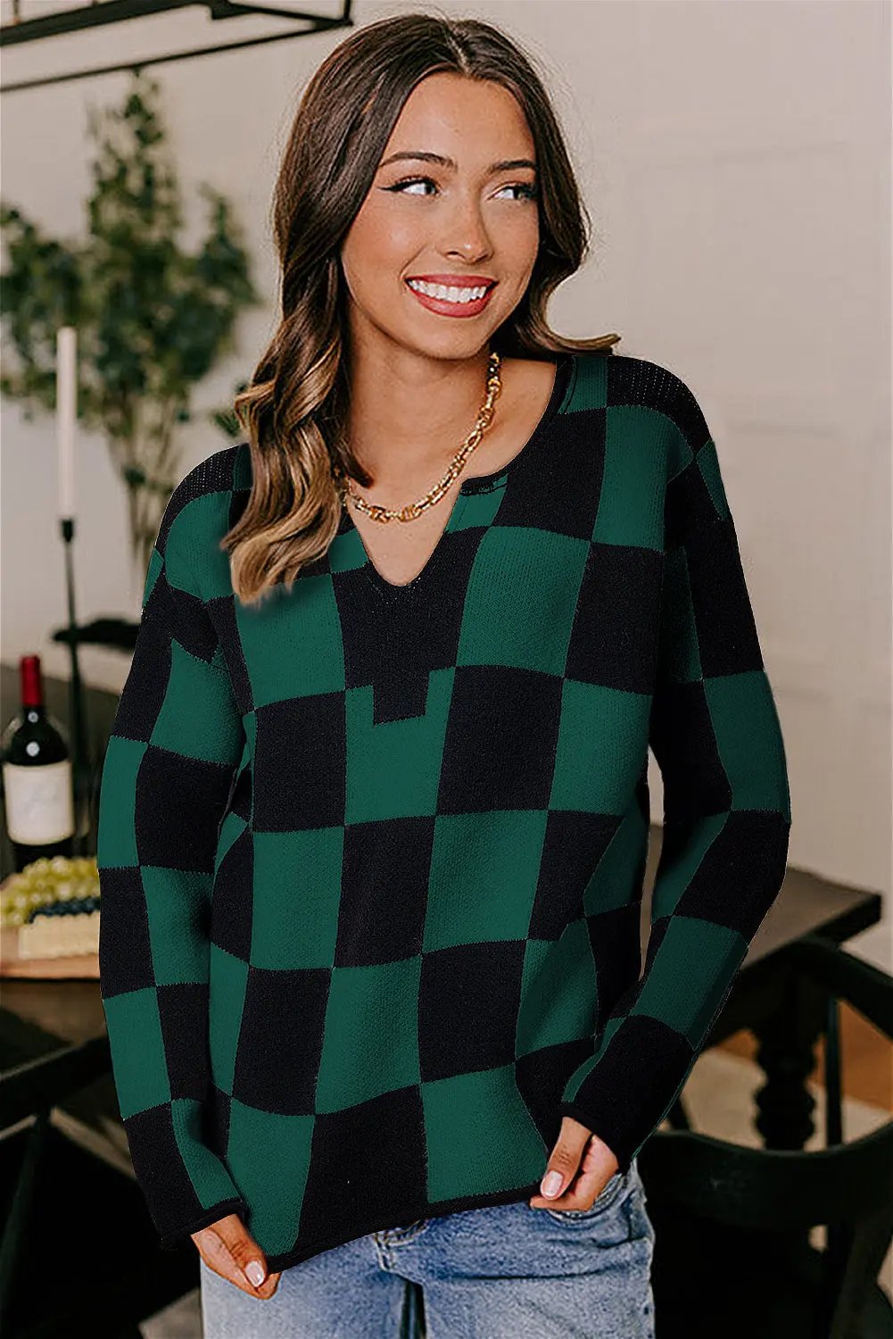 Premium Green Checked Notched Neckline Drop Shoulder Knit Sweater Dear-Lover Dropshipping